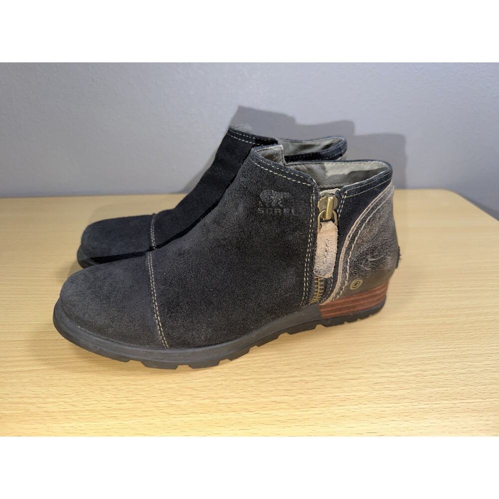 Sorel Womens Major Low Ankle Boots 7 Black Suede Distressed Brown Leather Bootie